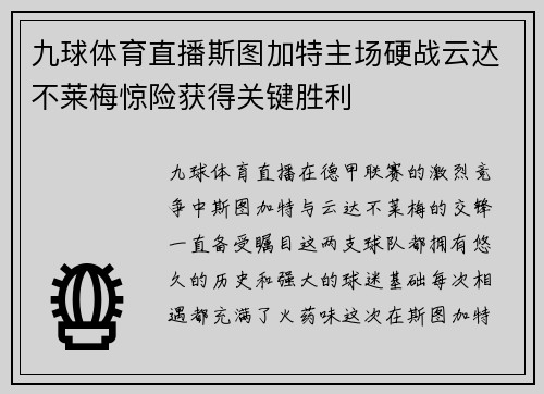 九球体育直播斯图加特主场硬战云达不莱梅惊险获得关键胜利
