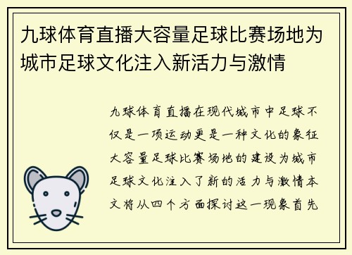 九球体育直播大容量足球比赛场地为城市足球文化注入新活力与激情