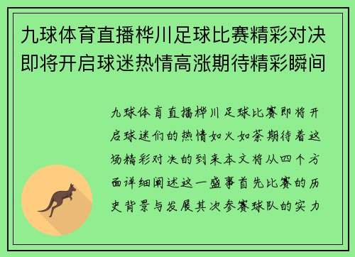 九球体育直播桦川足球比赛精彩对决即将开启球迷热情高涨期待精彩瞬间
