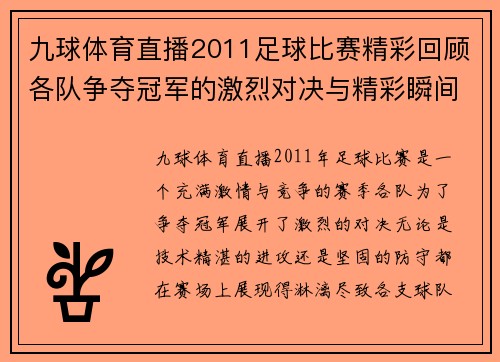 九球体育直播2011足球比赛精彩回顾各队争夺冠军的激烈对决与精彩瞬间